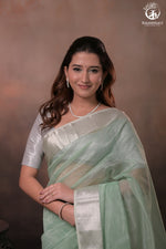 Narmaa - Silver Tissue Checks Pastel Green With Silver Lehar Border Saree-Rutambhara-RUTAMBHARA