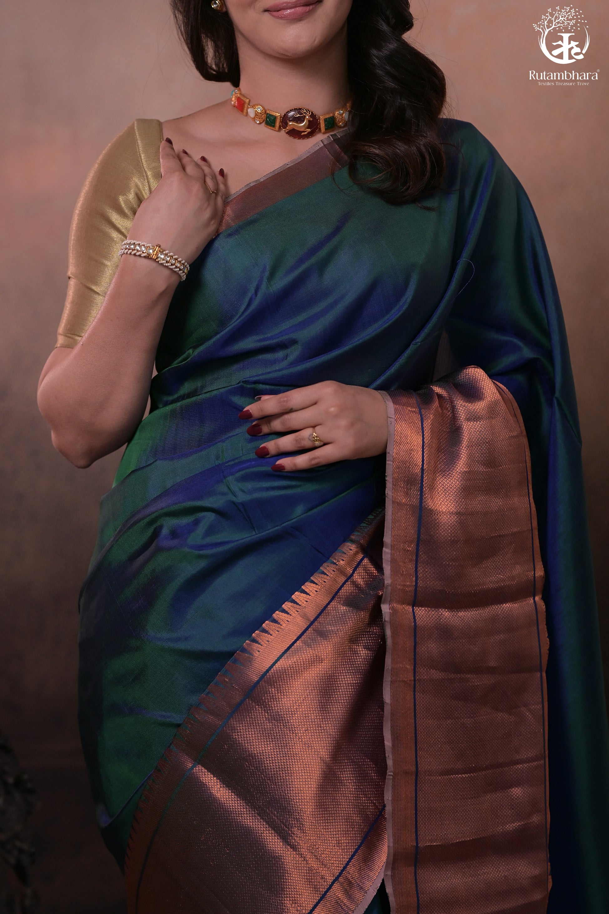 Bhadra - Teal Blue Plain Handwoven Silk Saree With Copper Zari Border-Rutambhara-RUTAMBHARA