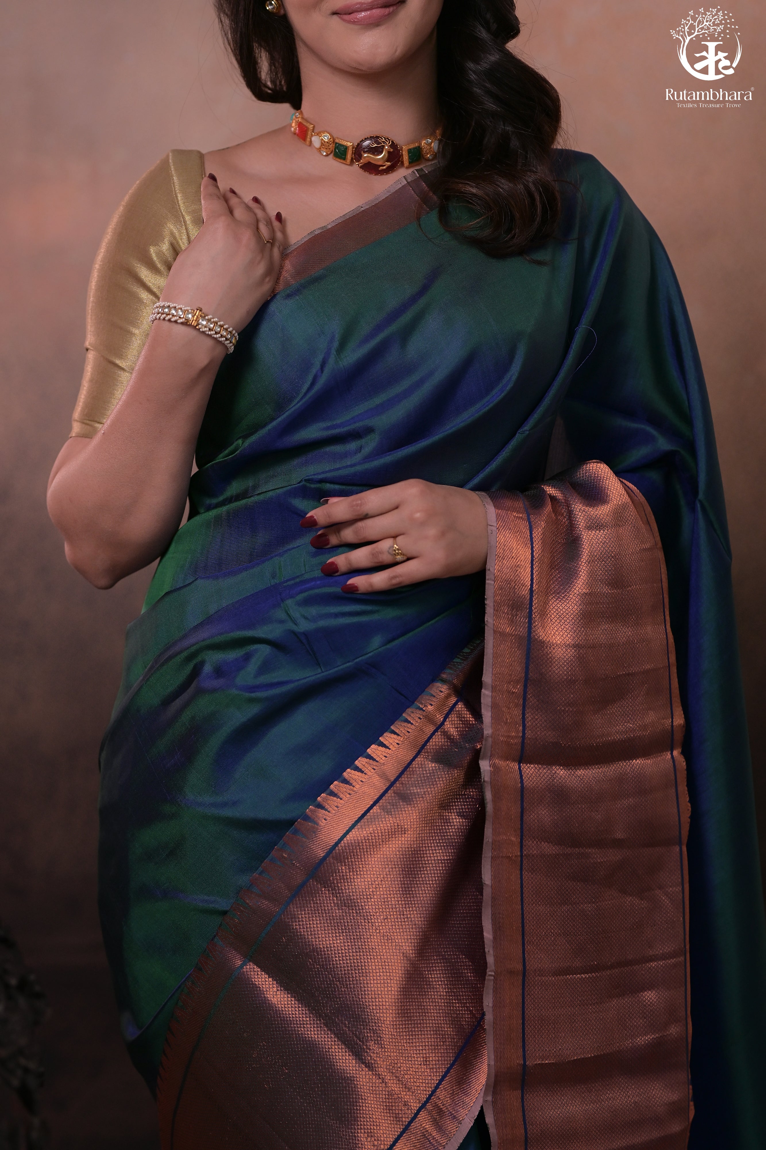 BHADRA - TEAL BLUE PLAIN HANDWOVEN SILK SAREE WITH COPPER ZARI BORDER