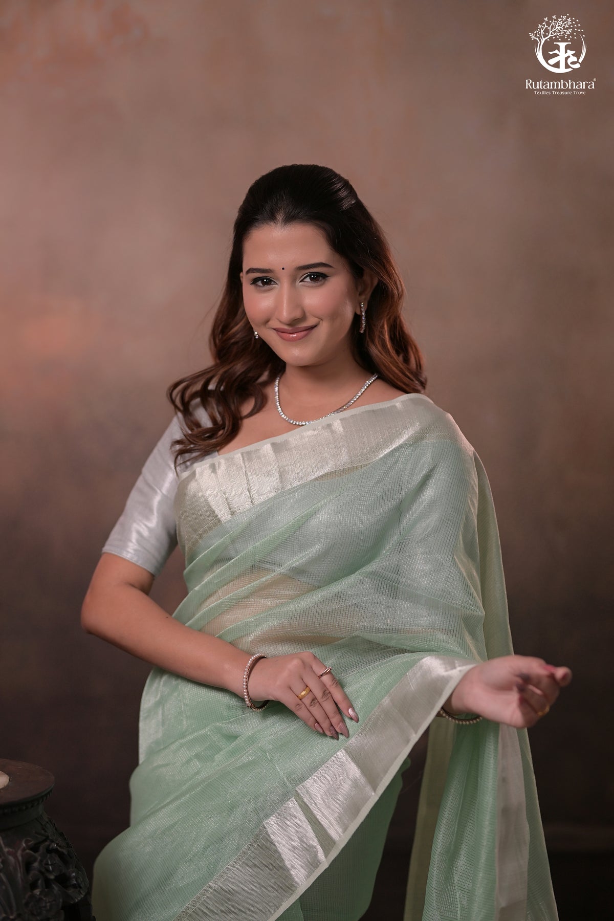 Narmaa - Silver Tissue Checks Pastel Green With Silver Lehar Border Saree