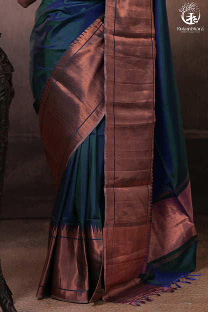 Bhadra - Teal Blue Plain Handwoven Silk Saree With Copper Zari Border-Rutambhara-RUTAMBHARA