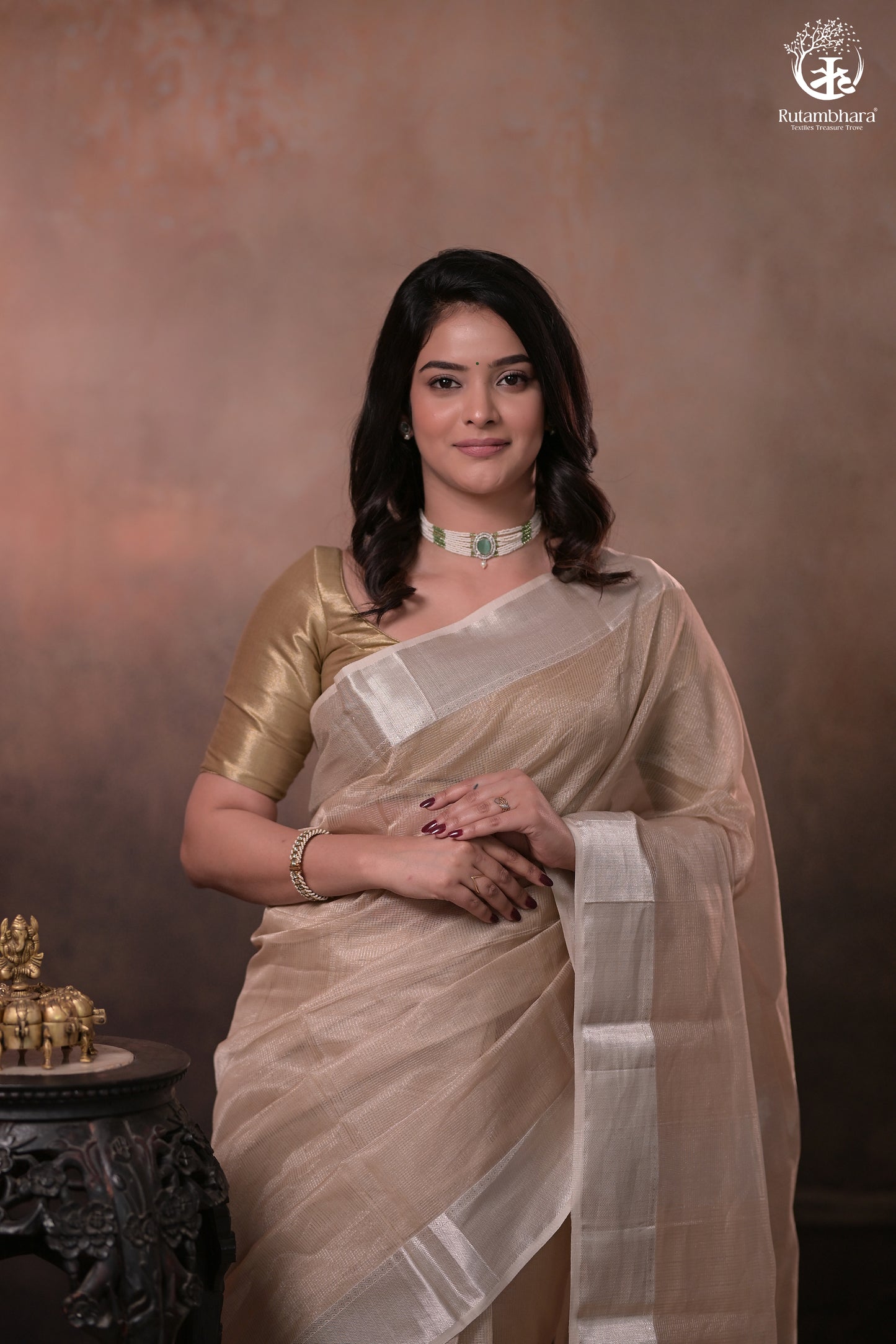 Narmaa - Silver Tissue Checks Mocha Beige With Silver Lehar Border Saree