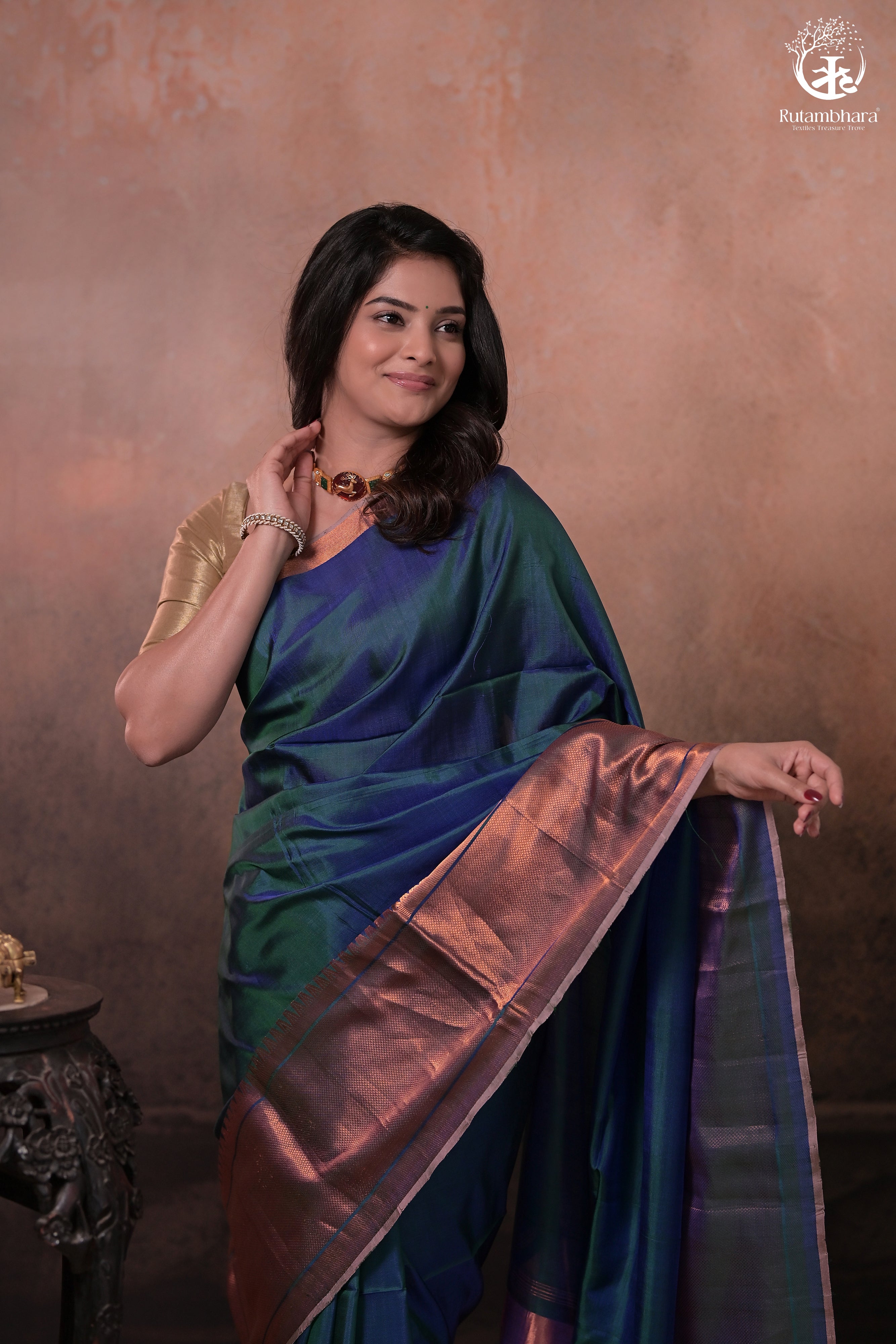 BHADRA - TEAL BLUE PLAIN HANDWOVEN SILK SAREE WITH COPPER ZARI BORDER