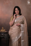 Narmaa - Silver Tissue Checks Mocha Beige With Silver Lehar Border Saree