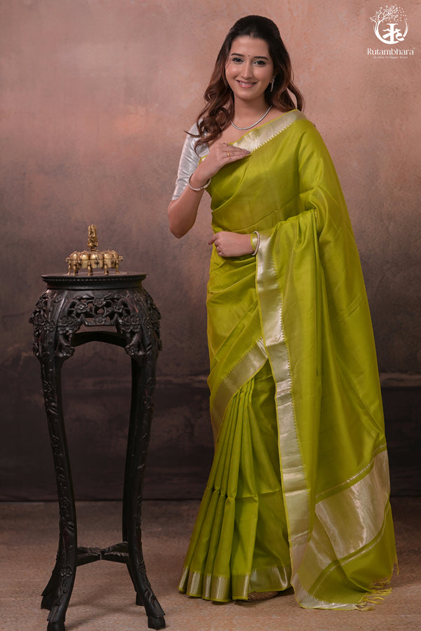 Bhadra - Lemon Green Plain Handwoven Silk Saree With Silver Zari Border-Rutambhara-RUTAMBHARA