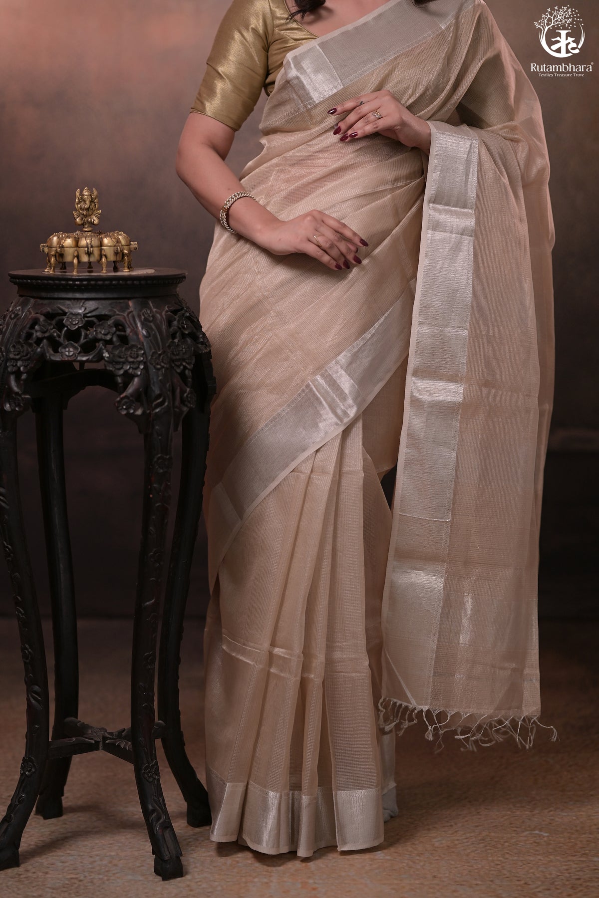 Narmaa - Silver Tissue Checks Mocha Beige With Silver Lehar Border Saree