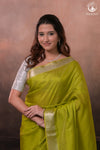 Bhadra - Lemon Green  Plain Handwoven Silk Saree With Silver Zari Border