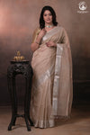 Narmaa - Silver Tissue Checks Mocha Beige With Silver Lehar Border Saree