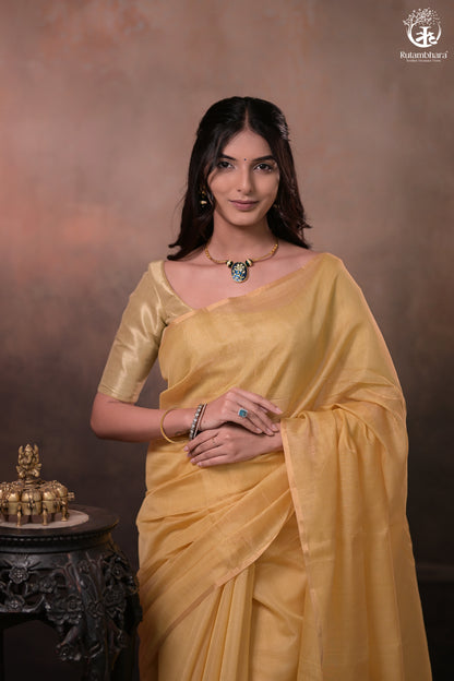 Swarvi - Handwoven Chanderi Half Tissue Saree in Soft Yellow with Zari-RUTAMBHARA -RUTAMBHARA
