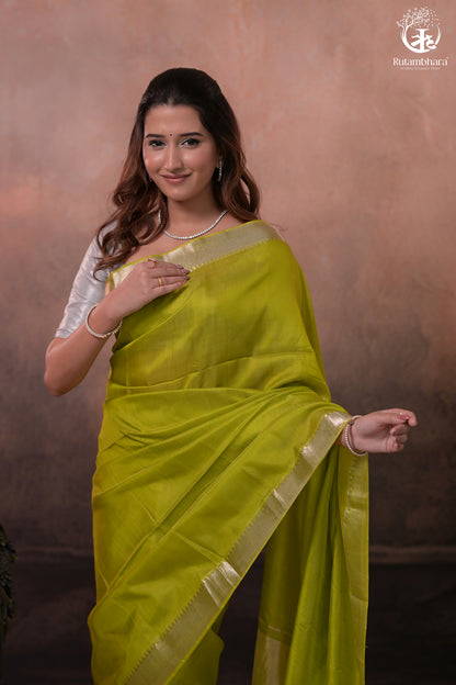 Bhadra - Lemon Green Plain Handwoven Silk Saree With Silver Zari Border-Rutambhara-RUTAMBHARA