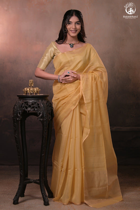 Swarvi - Handwoven Chanderi Half Tissue Saree in Soft Yellow with Zari