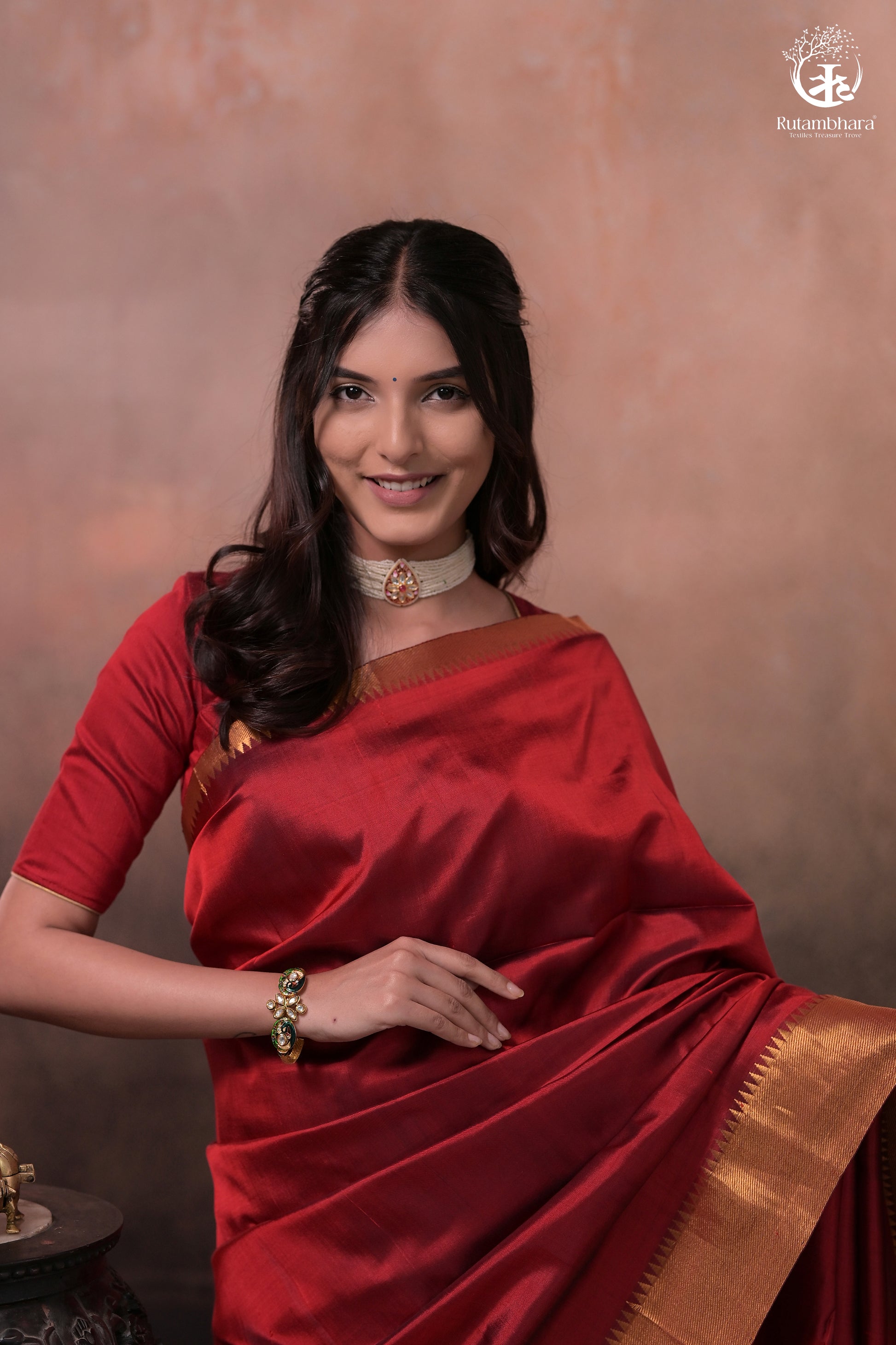 Bhadra - Reddish Maroon Plain Handwoven Silk Saree With Gold Zari Border-Rutambhara-RUTAMBHARA