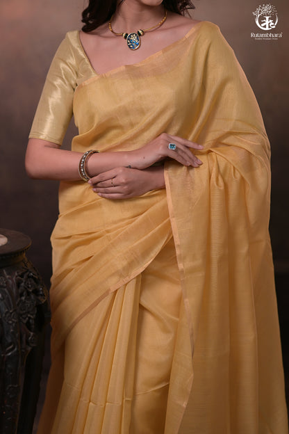 Swarvi - Handwoven Chanderi Half Tissue Saree in Soft Yellow with Zari-RUTAMBHARA -RUTAMBHARA