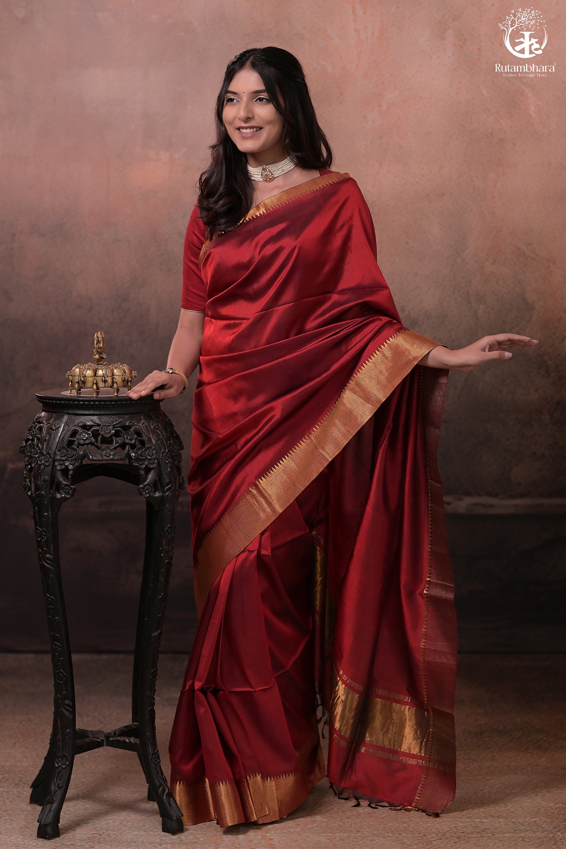 Bhadra - Reddish Maroon Plain Handwoven Silk Saree With Gold Zari Border-Rutambhara-RUTAMBHARA