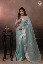 Narmaa - Silver Tissue Checks Pastel Jade With Silver Lehar Border Saree-Rutambhara-RUTAMBHARA