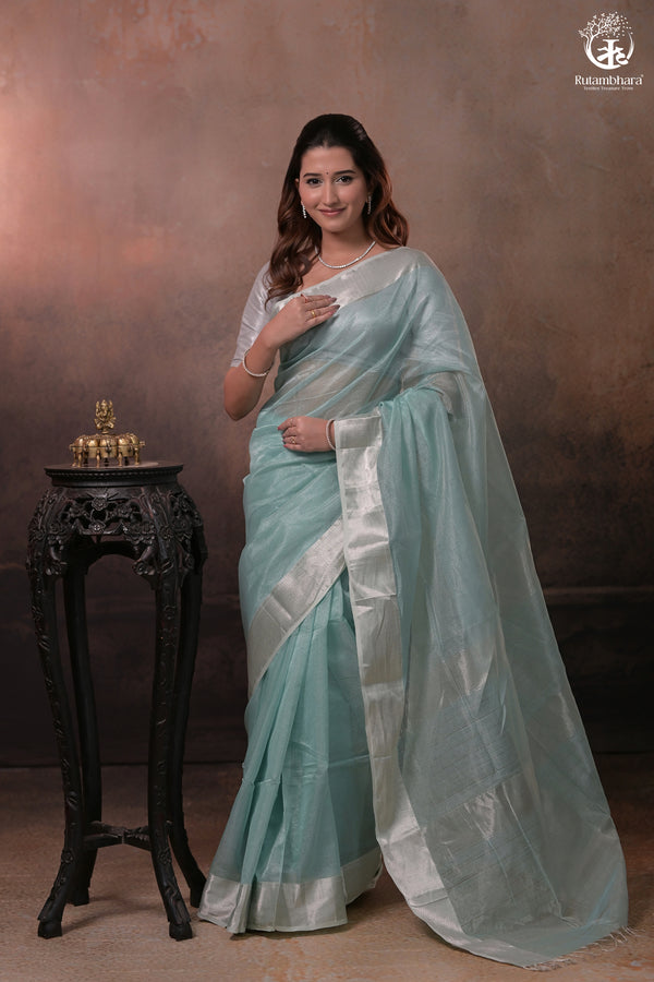 Narmaa - Silver Tissue Checks Pastel Jade With Silver Lehar Border Saree-Rutambhara-RUTAMBHARA