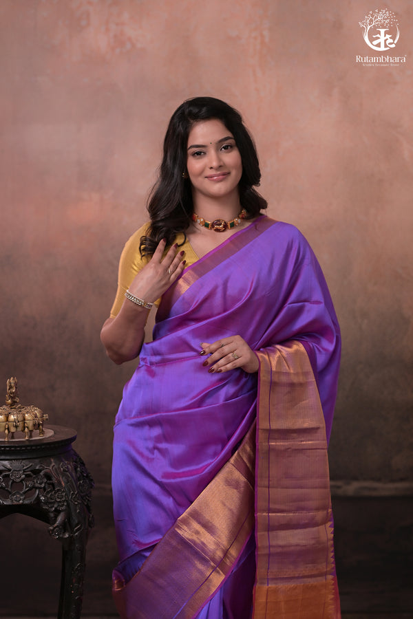 Bhadra - Lavender Pink Plain Handwoven Silk Saree With Gold Zari Border-Rutambhara-RUTAMBHARA