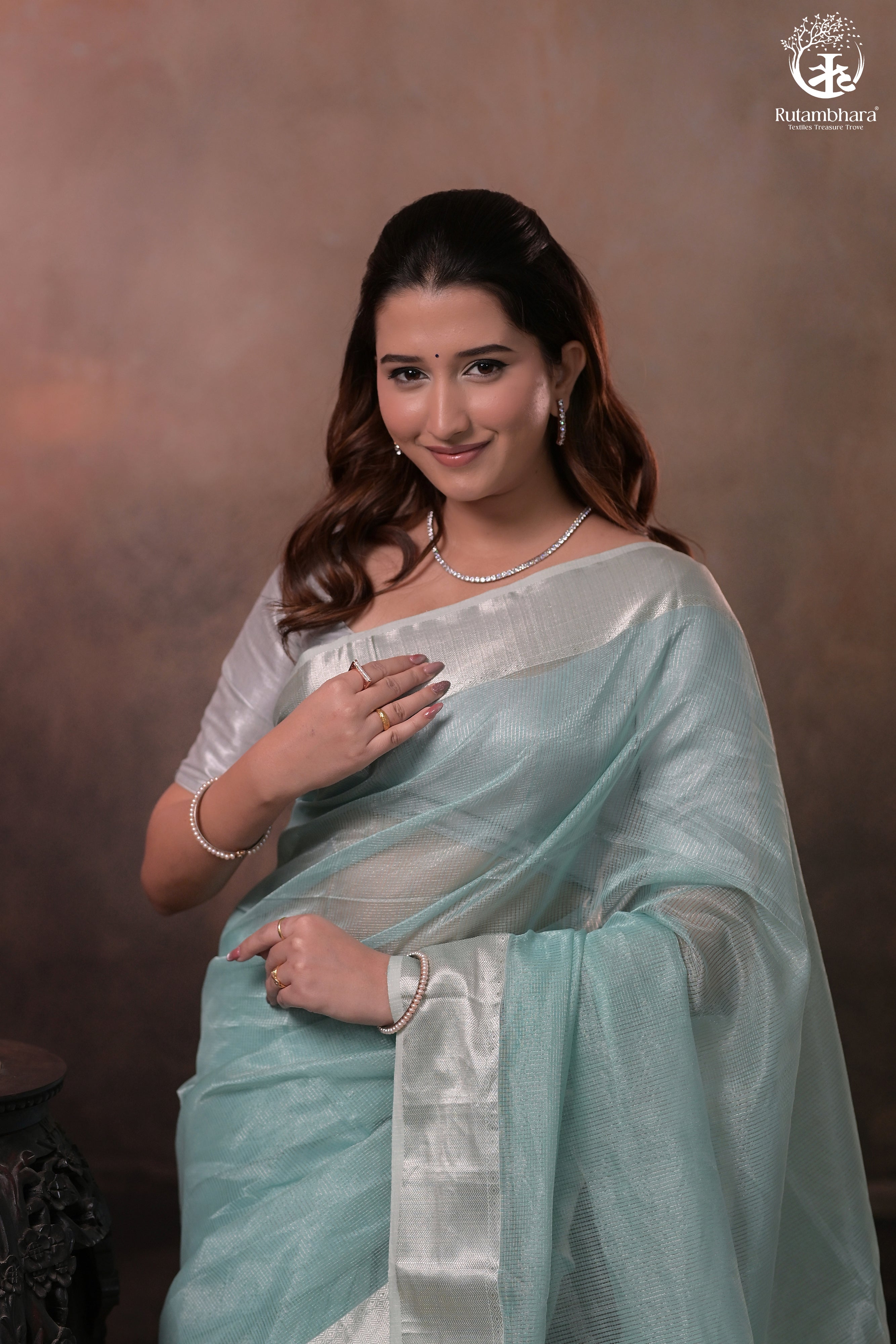 NARMAA - SILVER TISSUE CHECKS PASTEL JADE WITH SILVER LEHAR BORDER SAREE