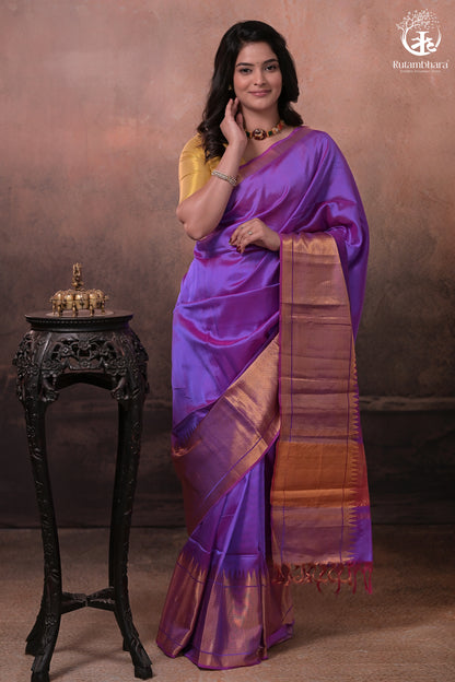 Bhadra - Lavender Pink Plain Handwoven Silk Saree With Gold Zari Border-Rutambhara-RUTAMBHARA