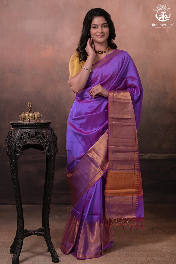 Bhadra - Lavender Pink Plain Handwoven Silk Saree With Gold Zari Border-Rutambhara-RUTAMBHARA