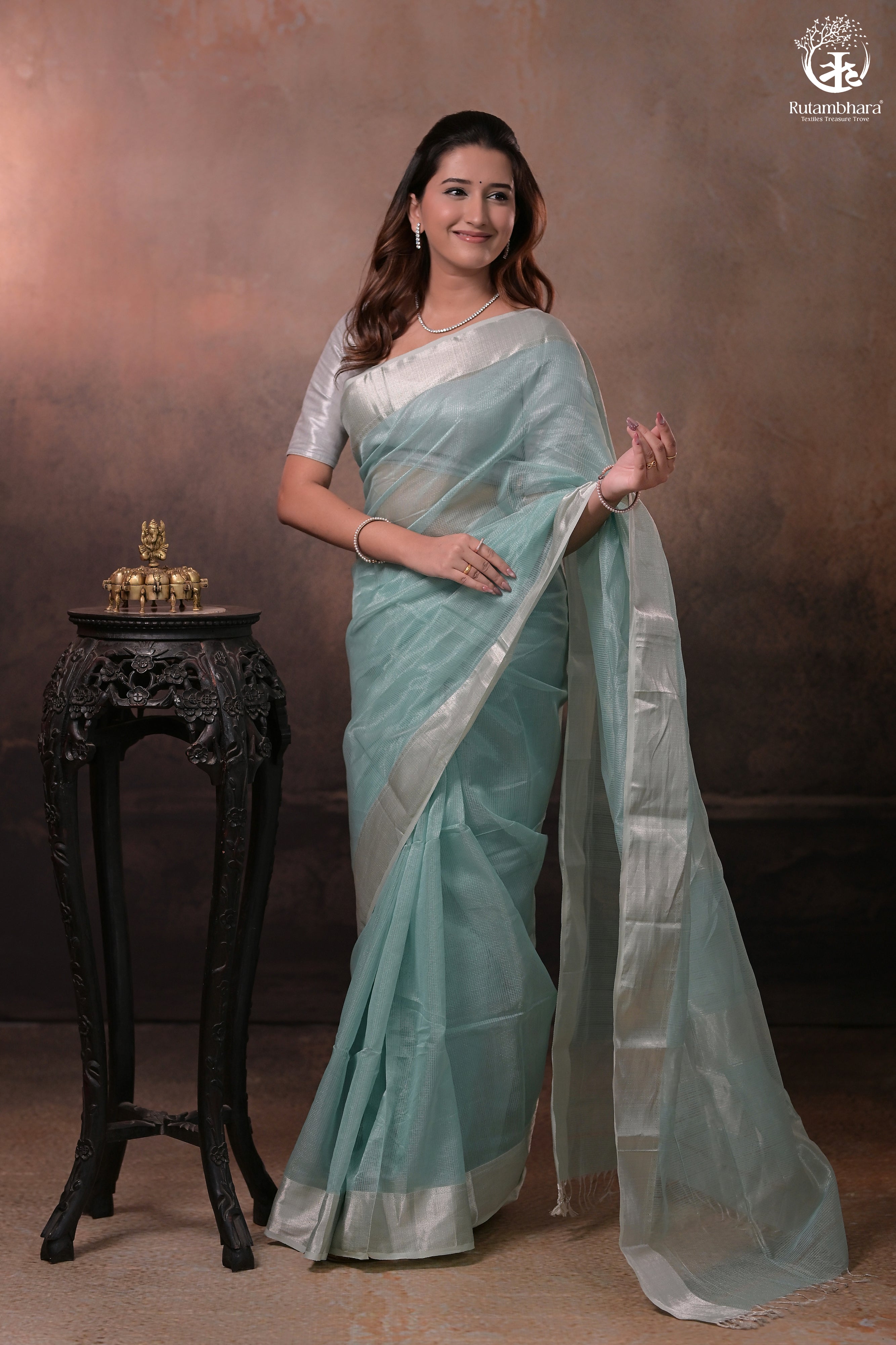 NARMAA - SILVER TISSUE CHECKS PASTEL JADE WITH SILVER LEHAR BORDER SAREE