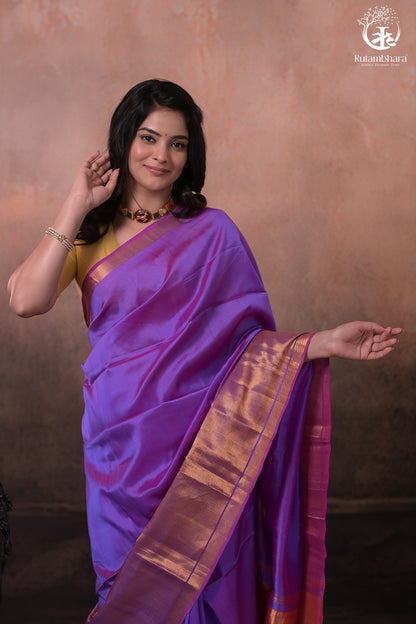 Bhadra - Lavender Pink Plain Handwoven Silk Saree With Gold Zari Border-Rutambhara-RUTAMBHARA