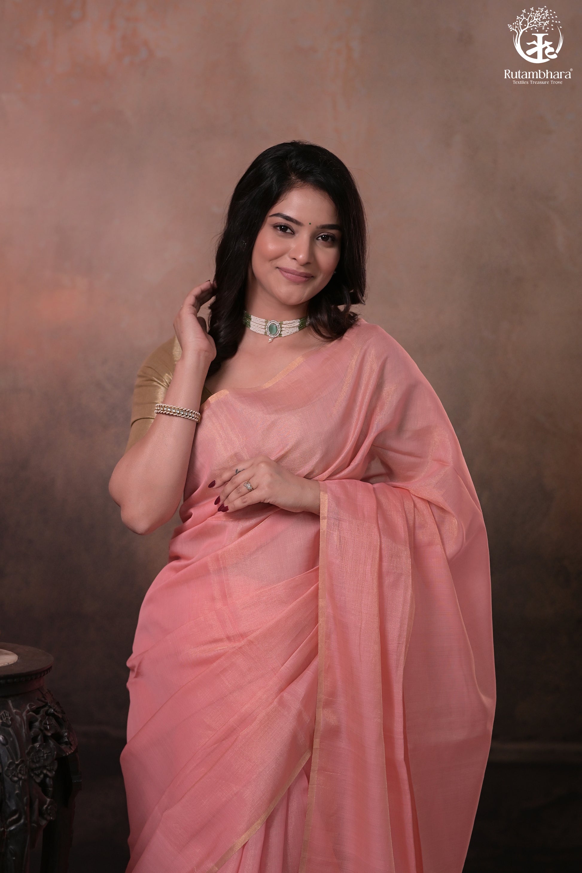 Swarvi - Elegant Blush Pink Chanderi Half Tissue Zari-RUTAMBHARA-RUTAMBHARA