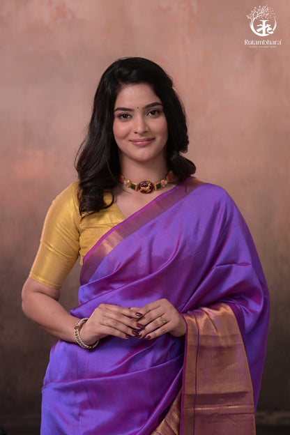 Bhadra - Lavender Pink Plain Handwoven Silk Saree With Gold Zari Border-Rutambhara-RUTAMBHARA