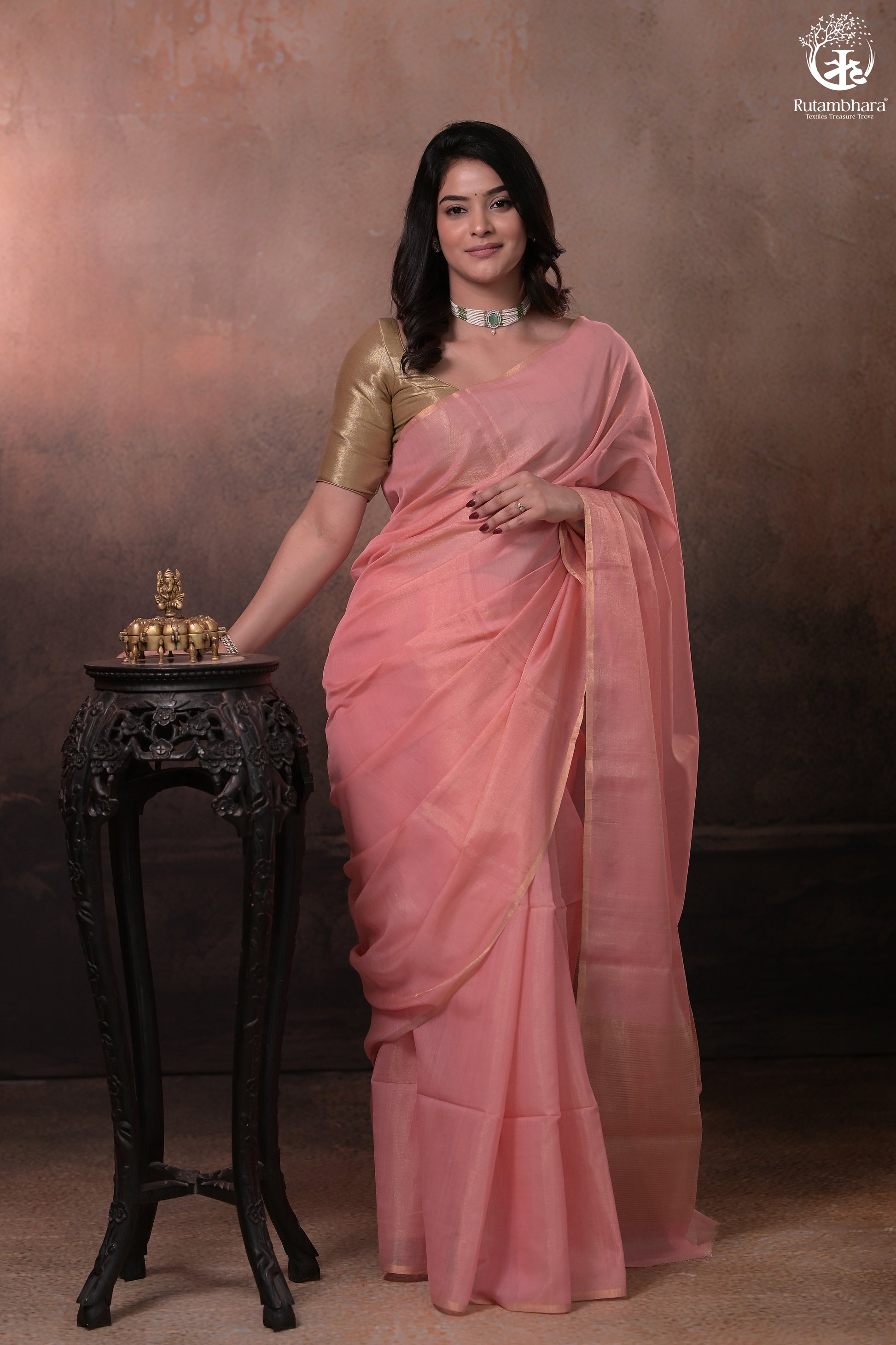 Swarvi - Elegant Blush Pink Chanderi Half Tissue Zari-RUTAMBHARA-RUTAMBHARA