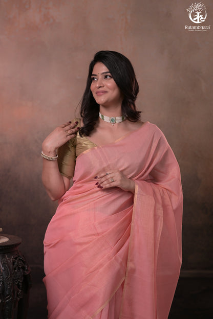 Swarvi - Elegant Blush Pink Chanderi Half Tissue Zari-RUTAMBHARA-RUTAMBHARA