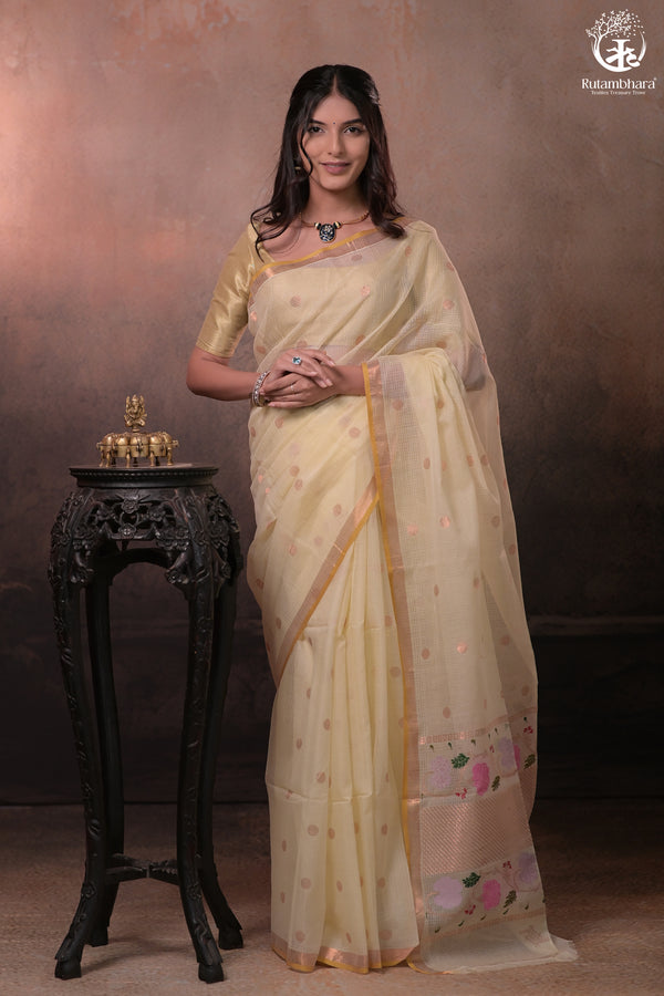 Aliyah - Pastel Lime Yellow Handwoven Zari Kota Saree With Self Colour Blouse-Rutambhara-RUTAMBHARA