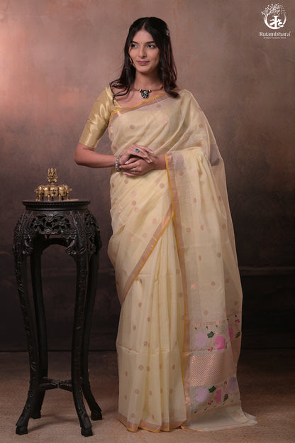Aliyah - Pastel Lime Yellow Handwoven Zari Kota Saree With Self Colour Blouse-Rutambhara-RUTAMBHARA