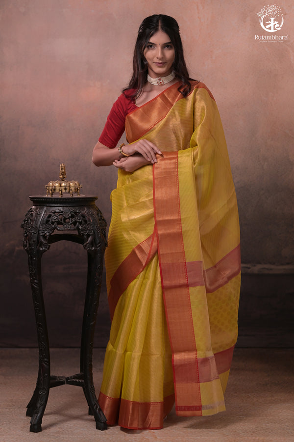 Swarvi - Elegant Lime Green Chanderi Jamawar Saree with Red Accents-RUTAMBHARA-RUTAMBHARA