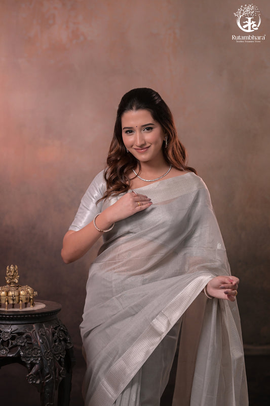 Narmaa - Pastel Grey And Silver Tissue Silk Cotton Saree With Extra Weft Silver Zari Butta