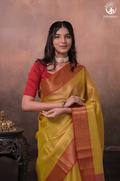 Swarvi - Elegant Lime Green Chanderi Jamawar Saree with Red Accents-RUTAMBHARA-RUTAMBHARA