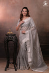 Narmaa - Pastel Grey And Silver Tissue Silk Cotton Saree With Extra Weft Silver Zari Butta