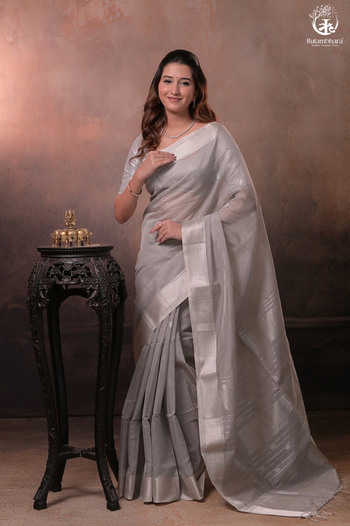 Narmaa - Pastel Grey And Silver Tissue Silk Cotton Saree With Extra Weft Silver Zari Butta