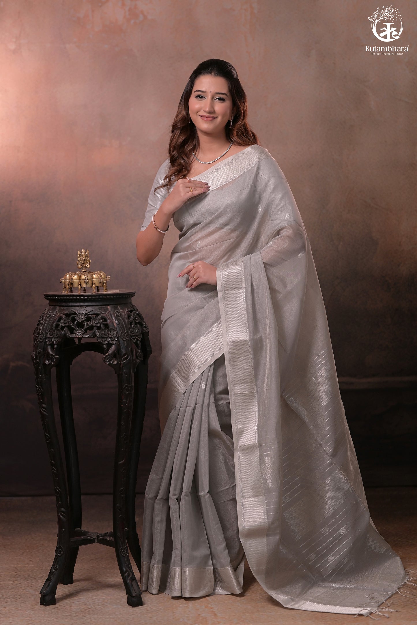 Narmaa - Pastel Grey And Silver Tissue Silk Cotton Saree With Extra Weft Silver Zari Butta