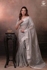 Narmaa - Pastel Grey And Silver Tissue Silk Cotton Saree With Extra Weft Silver Zari Butta-Rutambhara-RUTAMBHARA