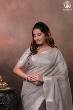 Narmaa - Pastel Grey And Silver Tissue Silk Cotton Saree With Extra Weft Silver Zari Butta-Rutambhara-RUTAMBHARA
