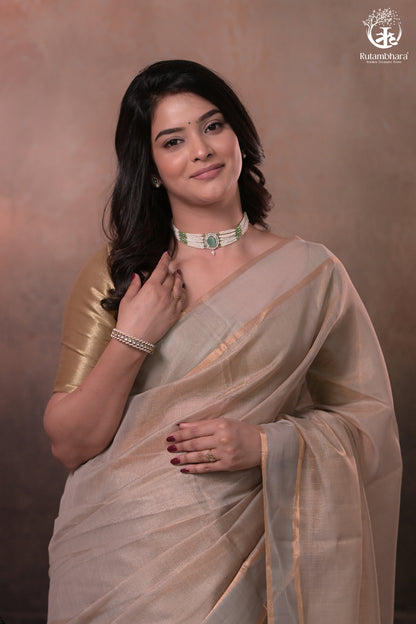 Swarvi - Pastel Beige Two Taar Chanderi Tissue Saree with Powder Blue Selvedge-RUTAMBHARA -RUTAMBHARA