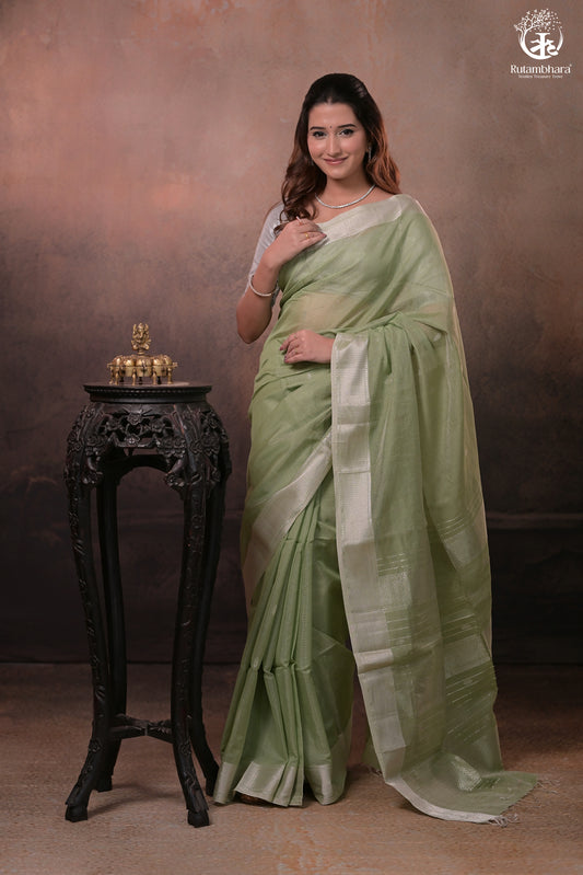 Narmaa - Pastel Green And Silver Tissue Silk Cotton Saree With Extra Weft Silver Zari Butta