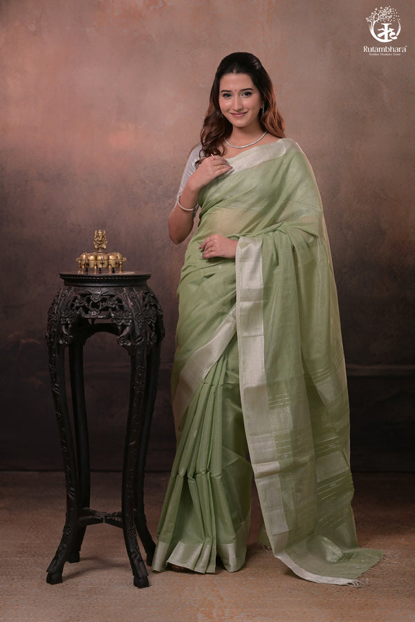 Narmaa - Pastel Green And Silver Tissue Silk Cotton Saree With Extra Weft Silver Zari Butta-Rutambhara-RUTAMBHARA