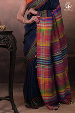 Dark Blue Kutchi Tussar Cotton Saree-Rutambhara-RUTAMBHARA