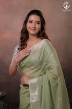 Narmaa - Pastel Green And Silver Tissue Silk Cotton Saree With Extra Weft Silver Zari Butta-Rutambhara-RUTAMBHARA