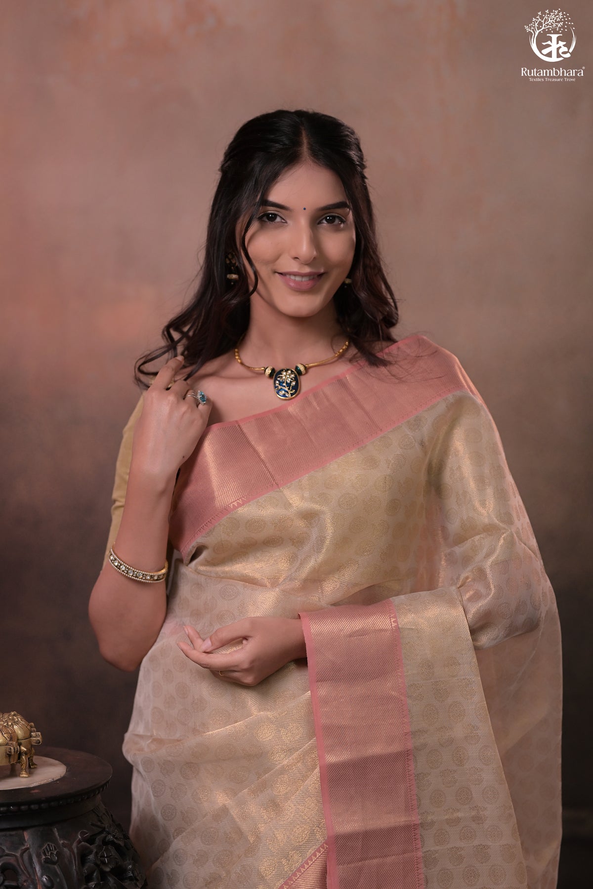 Swarvi -  Handwoven Chanderi Jamawar Saree in Beige with Buta
