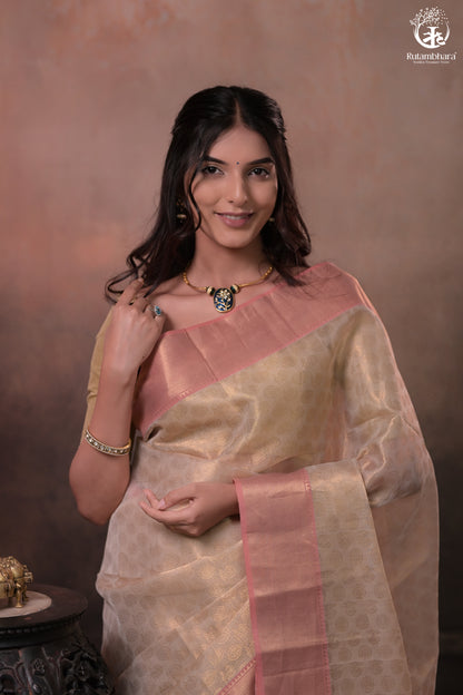 Swarvi - Handwoven Chanderi Jamawar Saree in Beige with Buta-RUTAMBHARA-RUTAMBHARA