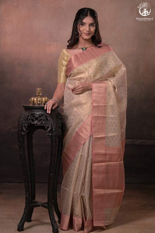 Swarvi -  Handwoven Chanderi Jamawar Saree in Beige with Buta