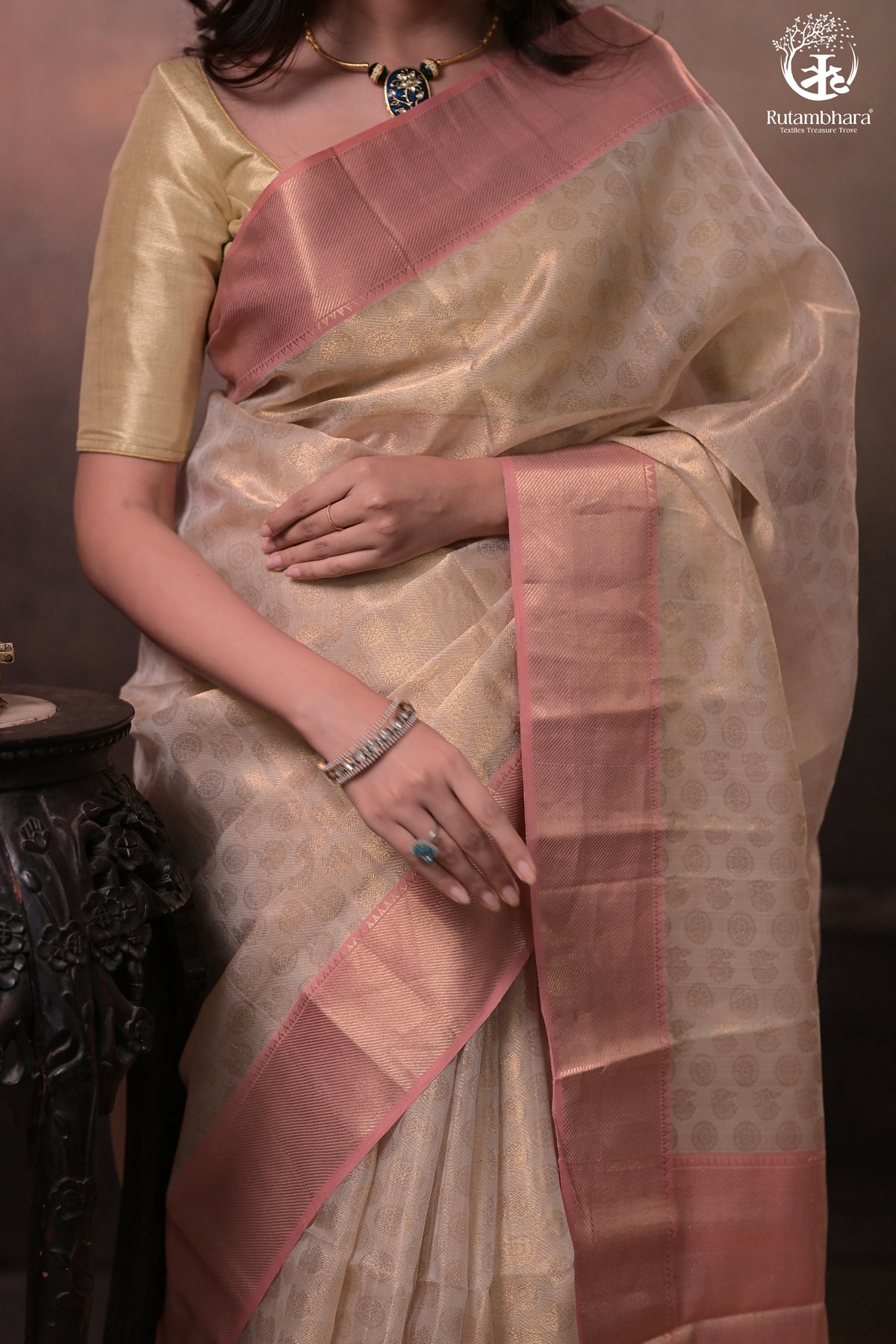 Swarvi -  Handwoven Chanderi Jamawar Saree in Beige with Buta