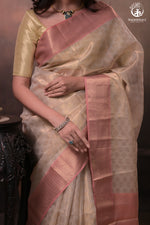 Swarvi - Handwoven Chanderi Jamawar Saree in Beige with Buta-RUTAMBHARA-RUTAMBHARA